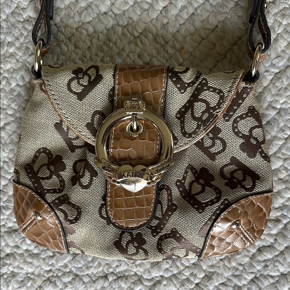 Y2K Kathy Van Zeeland Brown and Cream Crown Logo Mini Crossbody